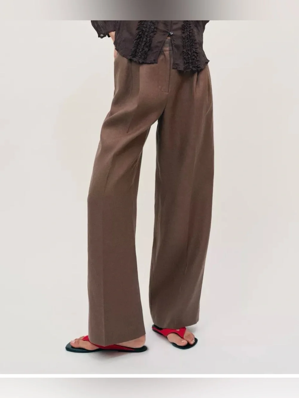 Zara NWT 100% Linen Wide Leg Straight Pants High Rise Brown Trouser